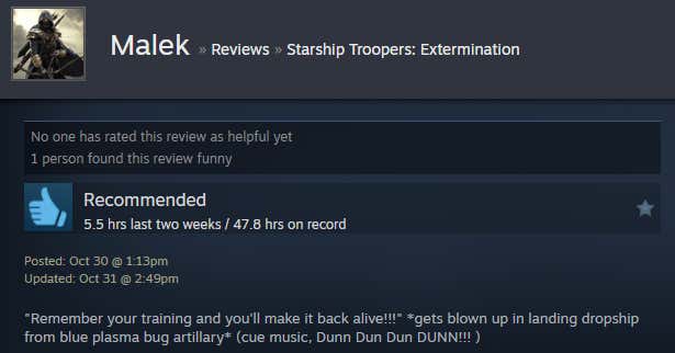 Image of an article titled Starship Troopers: Extinction from a Steam review